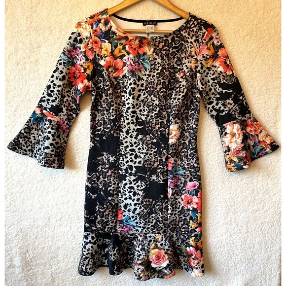 Venus Scuba Knit Floral Animal Print Stretch Dress Size Small Bell Sleeves - Picture 1 of 6